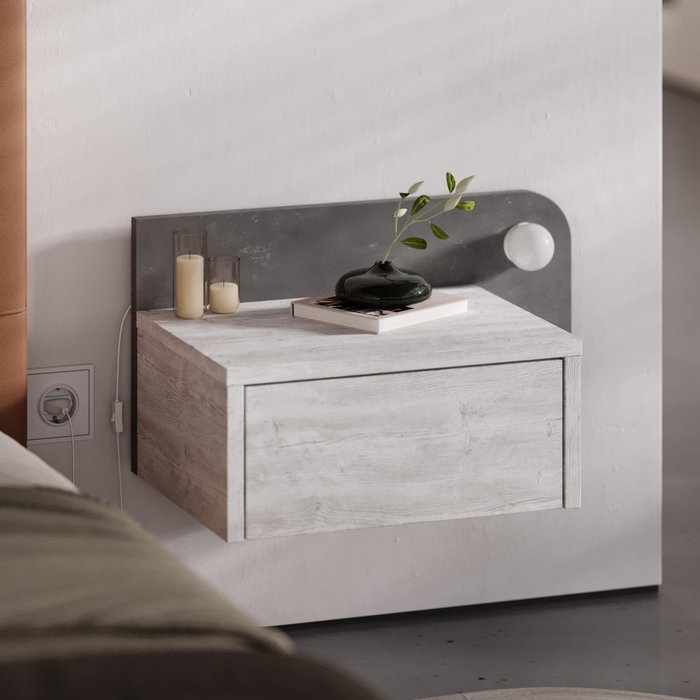 Hanah Home Mesita de Noche con Iluminación LED, Blanco Antiguo y Gris Retro Hanah Home Mesita de Noche con Iluminación LED, Blanco Antiguo y Gris Retro